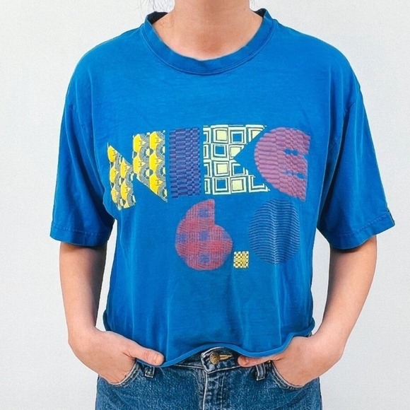 Nike 6.0 Tops - Nike 6.0 Blue Graphic T-Shirt Boxy Cropped Raw Hem Short Sleeve Crew Neck Tee
